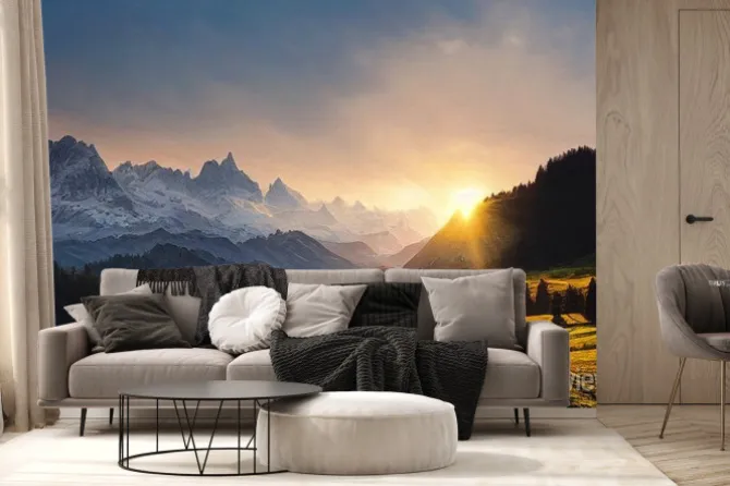 Fototapeta: Stunning swiss landscape with mountains at sunrise made with