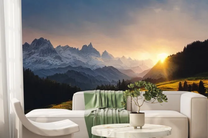 Fototapeta: Stunning swiss landscape with mountains at sunrise made with