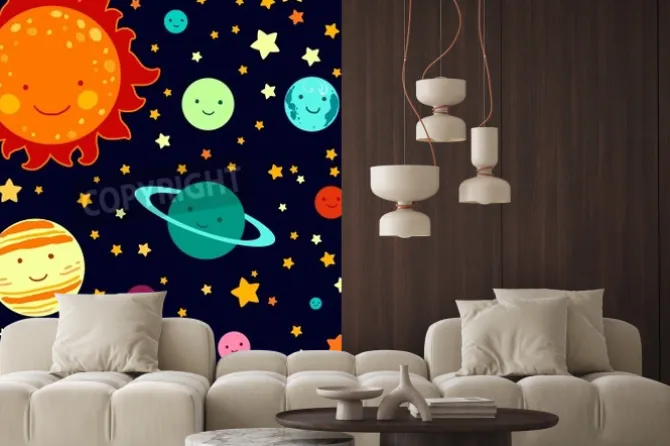 Fototapeta: Styl dziecięcy rysunek systemu solarnego szwu wzorca.