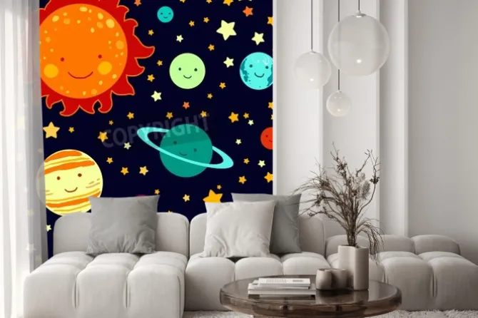 Fototapeta: Styl dziecięcy rysunek systemu solarnego szwu wzorca.