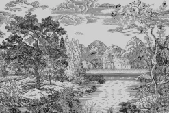 Fototapeta: Styl szkicu krajobraz z rzeką i drzewami w czarno białej tonacji