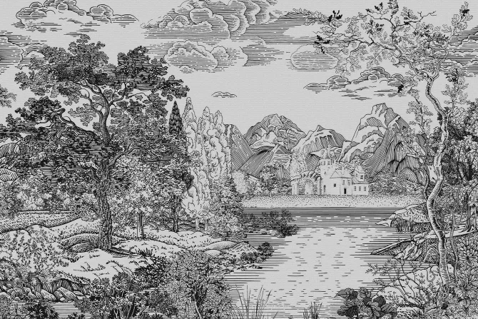 Fototapeta: Styl szkicu krajobraz z rzeką i drzewami w czarno białej tonacji