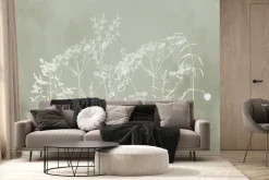 Fototapeta: Subtelne białe trawy na zielonym tle