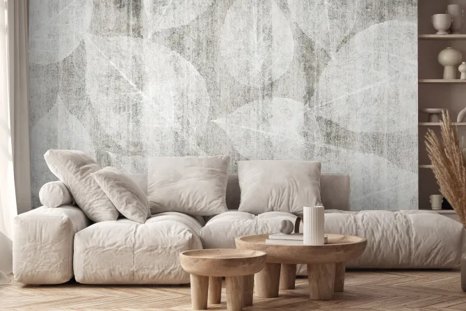 Fototapeta: Subtelne liście na tekturowym tle w odcieniach szarości