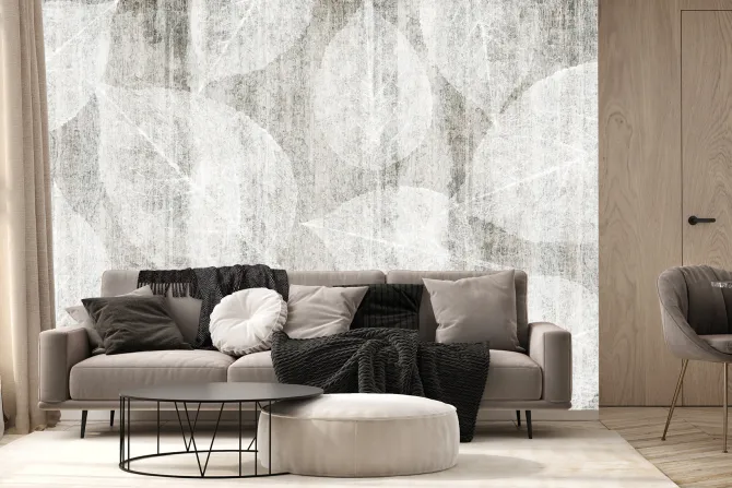 Fototapeta: Subtelne liście na tekturowym tle w odcieniach szarości