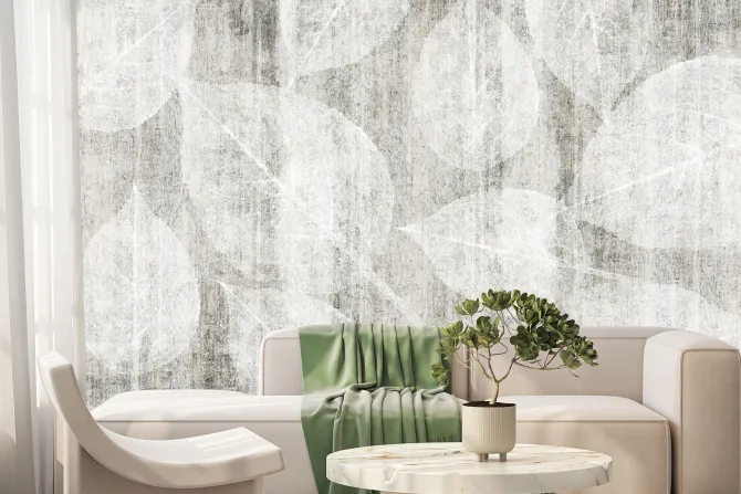 Fototapeta: Subtelne liście na tekturowym tle w odcieniach szarości