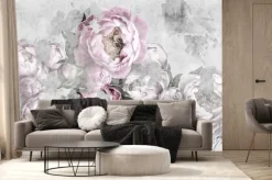 Fototapeta: Subtelne różowe i szare piwonie na tle imitującym beton