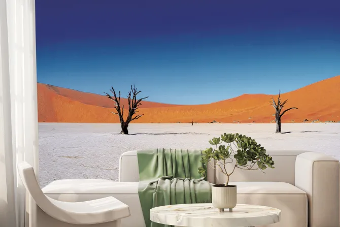 Fototapeta: Suche drzewa na pustyni ze wzgórzami