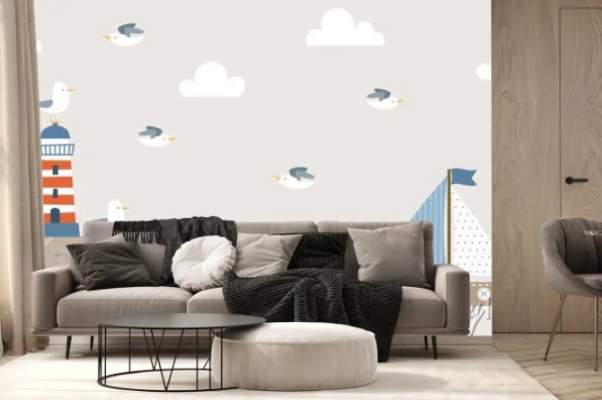 Fototapeta: Summer background design with lighthouse, sailboat, and seagulls