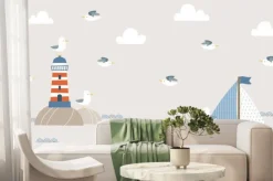 Fototapeta: Summer background design with lighthouse, sailboat, and seagulls