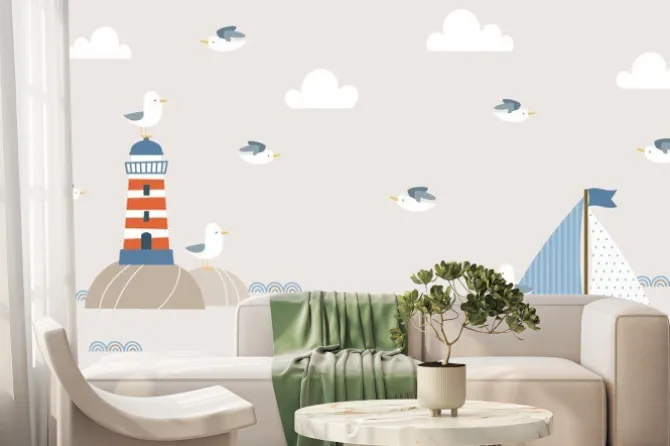 Fototapeta: Summer background design with lighthouse, sailboat, and seagulls