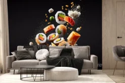 Fototapeta: Sushi maki pieces flying in air, japanese food on black background