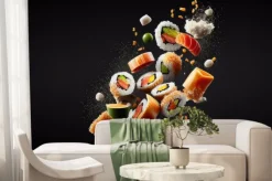 Fototapeta: Sushi maki pieces flying in air, japanese food on black background