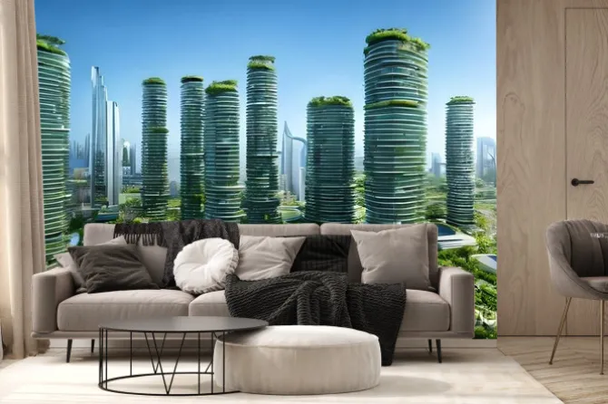 Fototapeta: Sustainable green city with futuristic office building and architecture