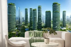 Fototapeta: Sustainable green city with futuristic office building and architecture