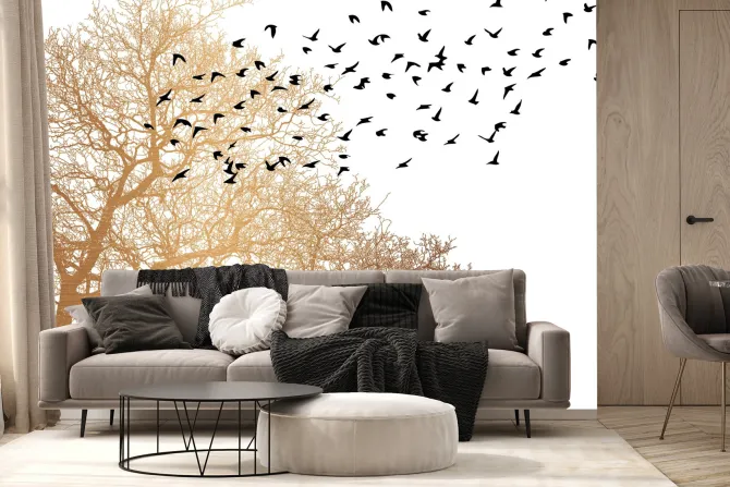 Fototapeta: Sylwetki ptaków i drzewa w minimalistycznym stylu