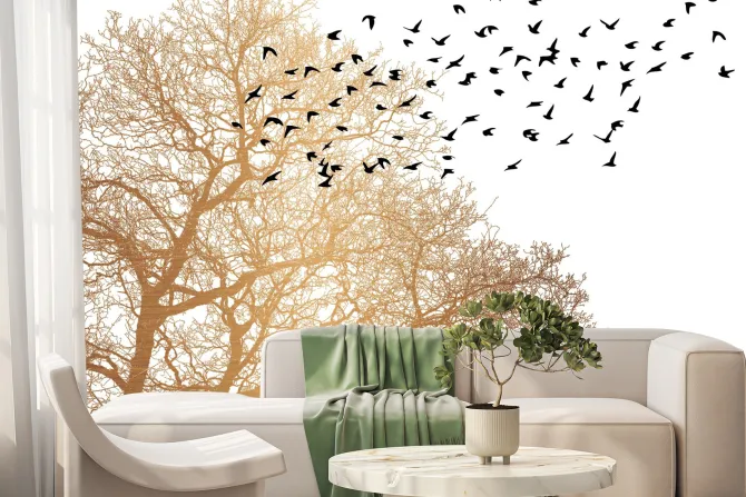 Fototapeta: Sylwetki ptaków i drzewa w minimalistycznym stylu