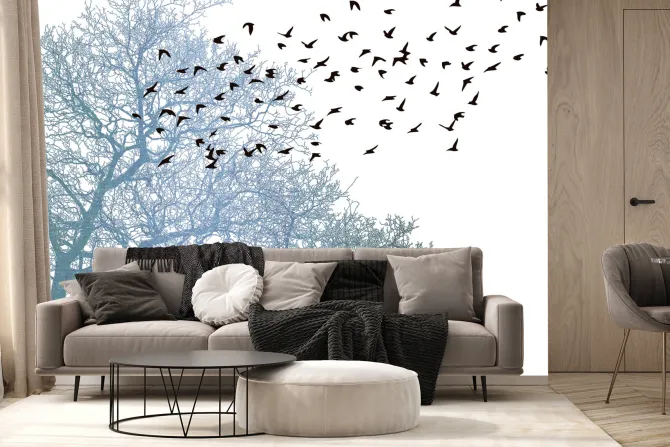 Fototapeta: Sylwetki ptaków i drzewa w minimalistycznym stylu