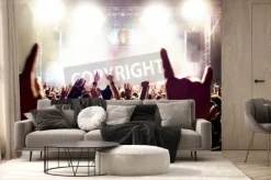 Fototapeta: Sylwetki tłumu koncertowego przed jasnym scenicznych świateł