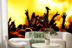 Fototapeta: Sylwetki tłumu koncertowego przed jasnym scenicznych świateł