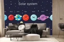 Fototapeta: System słoneczny z cute uśmiechnięta planet, słońca i księżyca.