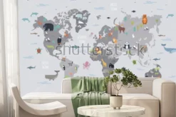Fototapeta: Szara mapa świata z ilustracjami zwierząt