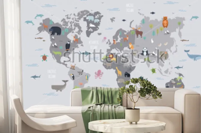 Fototapeta: Szara mapa świata z ilustracjami zwierząt