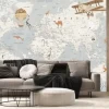 Fototapeta: Szara mapa świata dla dzieci z samolotami i balonami