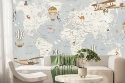 Fototapeta: Szara mapa świata dla dzieci z samolotami i balonami