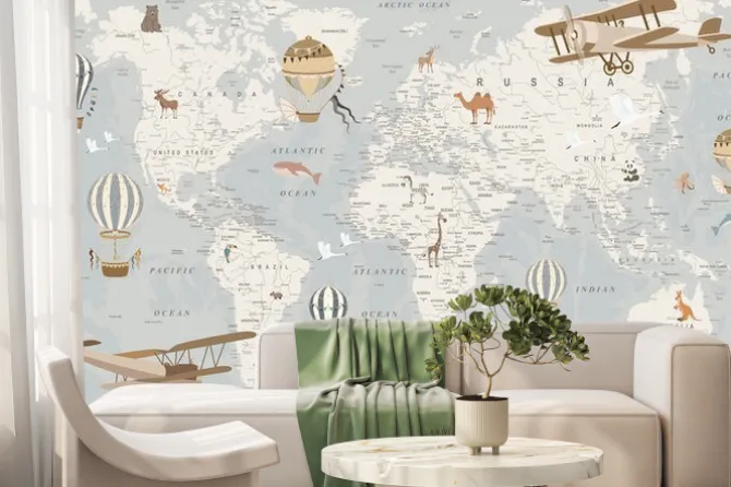 Fototapeta: Szara mapa świata dla dzieci z samolotami i balonami