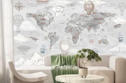 Fototapeta: Szara retro mapa świata dla dzieci