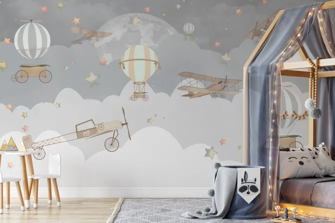 Fototapeta: Szare chmurki balony auta i samoloty