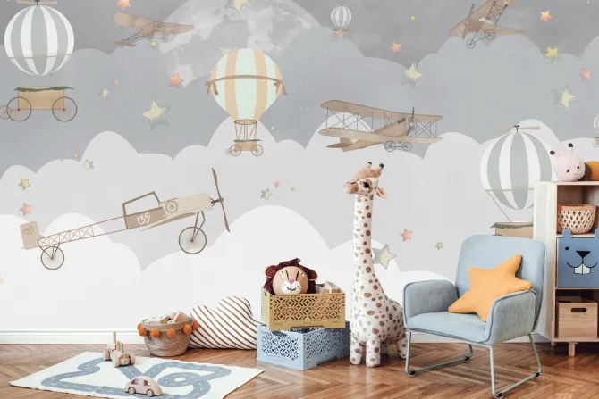 Fototapeta: Szare chmurki balony auta i samoloty