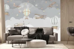 Fototapeta: Szare chmurki z balonami i samolotami