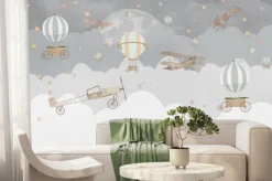 Fototapeta: Szare chmurki z balonami i samolotami