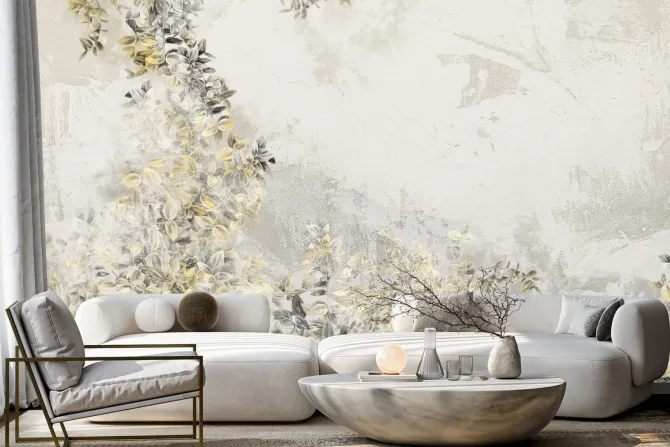 Fototapeta: Szare i żółte liście na betonie