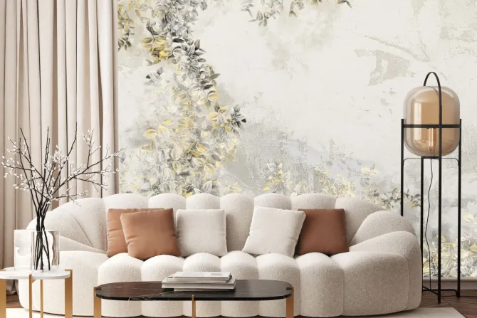 Fototapeta: Szare i żółte liście na betonie