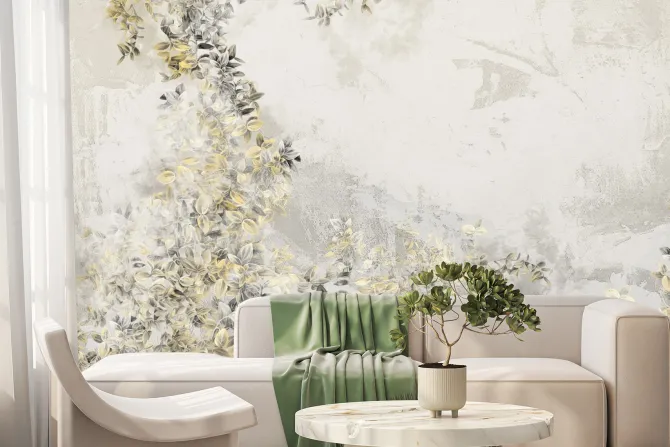 Fototapeta: Szare i żółte liście na betonie