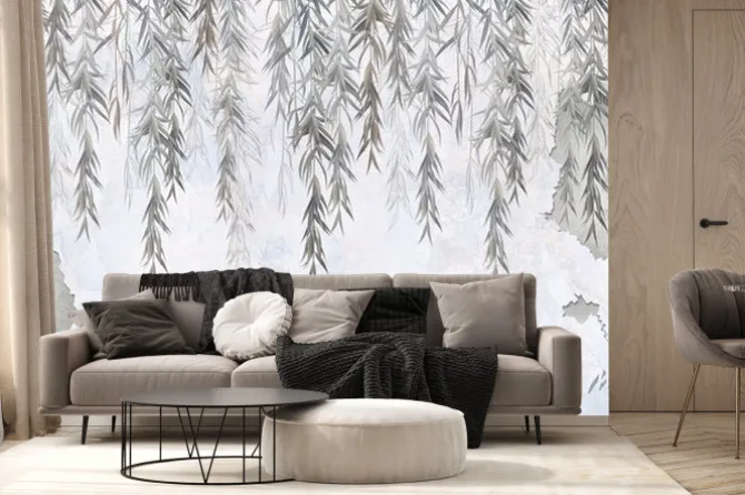 Fototapeta: Szare liście wierzby na jasnym tle akwareli