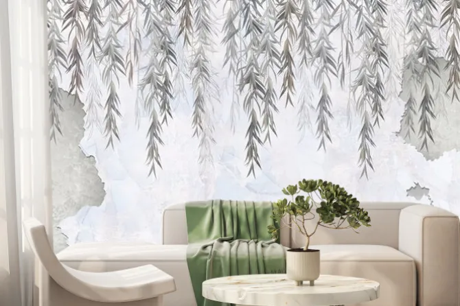 Fototapeta: Szare liście wierzby na jasnym tle akwareli