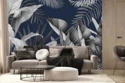 Fototapeta: Szare tropikalne liście na granatowym tle