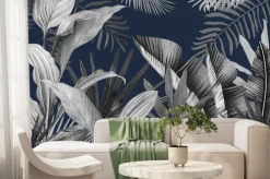 Fototapeta: Szare tropikalne liście na granatowym tle