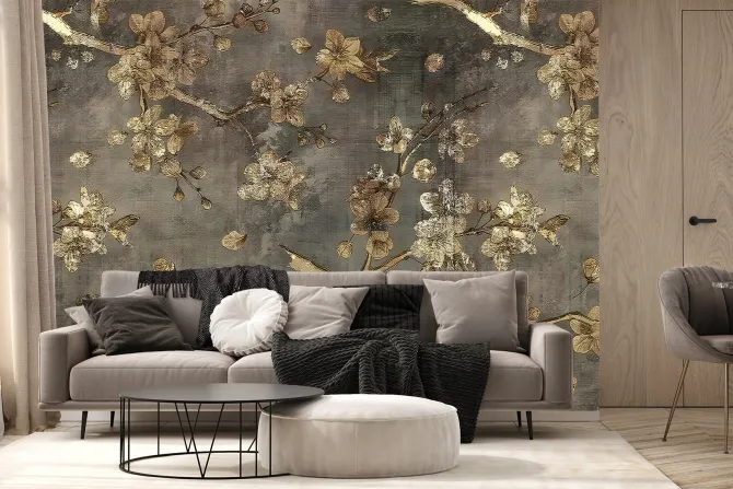 Fototapeta: Szary beton ze złotymi kwiatami