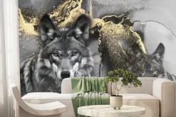 Fototapeta: Szary portret wilków ze złotym zdobieniem