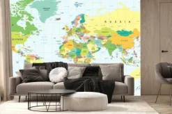 Fototapeta: Szczegółowa kolorowa mapa świata z siatką geograficzną