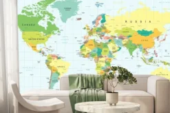 Fototapeta: Szczegółowa kolorowa mapa świata z siatką geograficzną