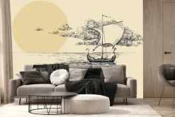 Fototapeta: Szkic żaglowca na morzu przy zachodzie