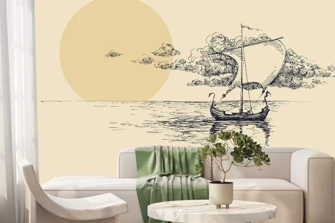 Fototapeta: Szkic żaglowca na morzu przy zachodzie