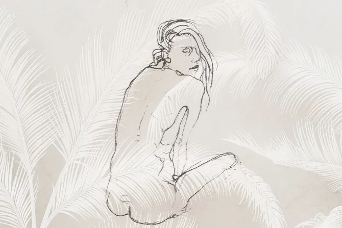 Fototapeta: Szkic kobiety wśród liści palmowych