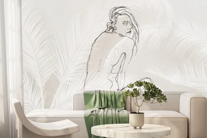 Fototapeta: Szkic kobiety wśród liści palmowych